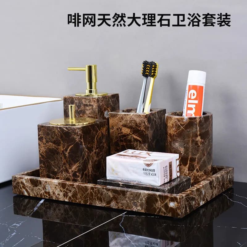 Light Luxury Emperador Marble Bathroom Accessory Kit, Vanity Tray and Soap Dispenser Set, Washroom Counter Organizer