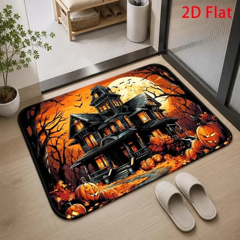 Haunted House Full‑moon Pumpkin Halloween Front‑door Doormat, Scary Night‑scene Printed Floor Rug,Holiday Decor Mat for Entryway