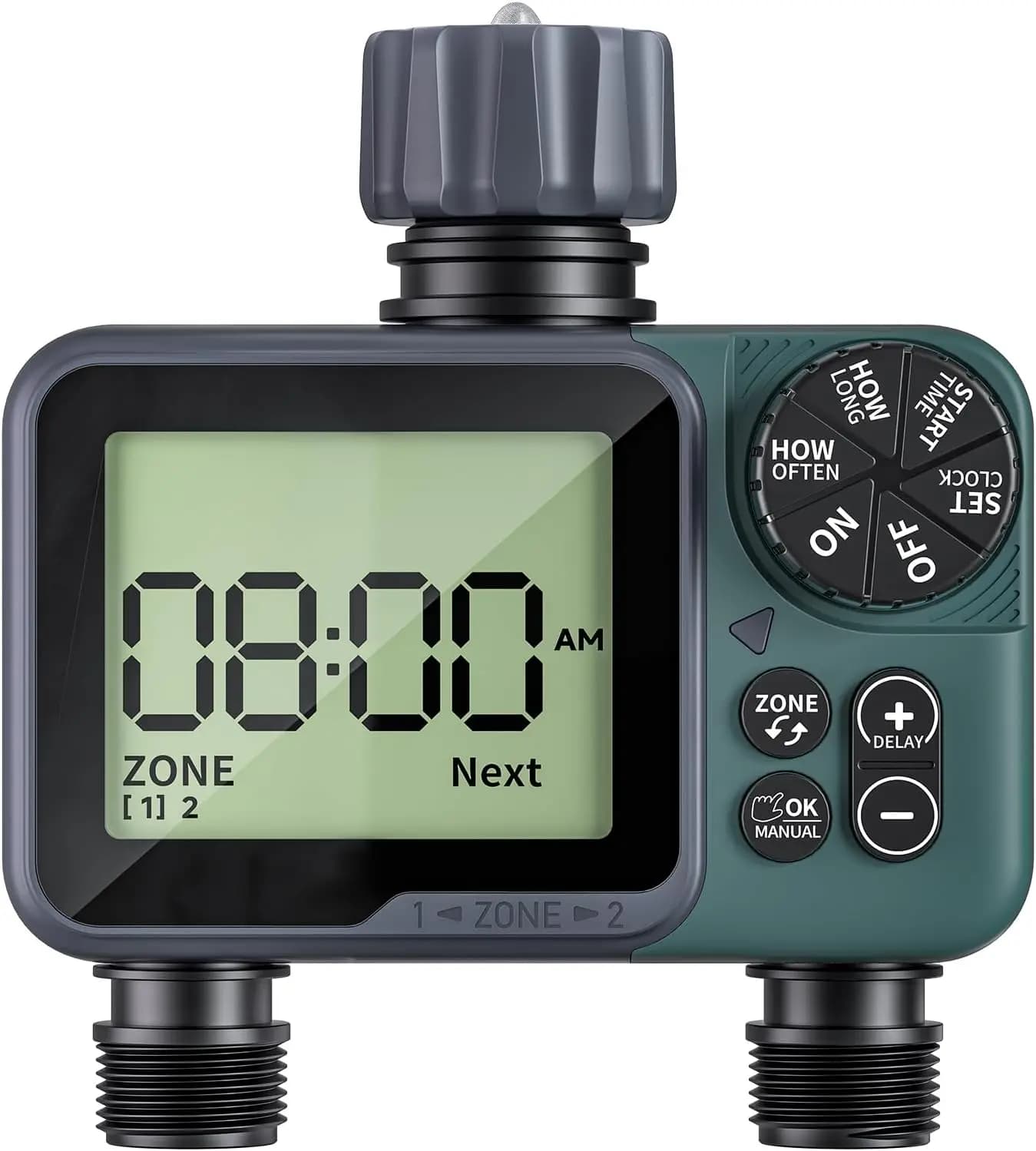2-Zone Digital Water Timer for Garden Hose, Programmable Irrigation Controller with Rain Delay, IP55 Waterproof, Auto & Manual Modes