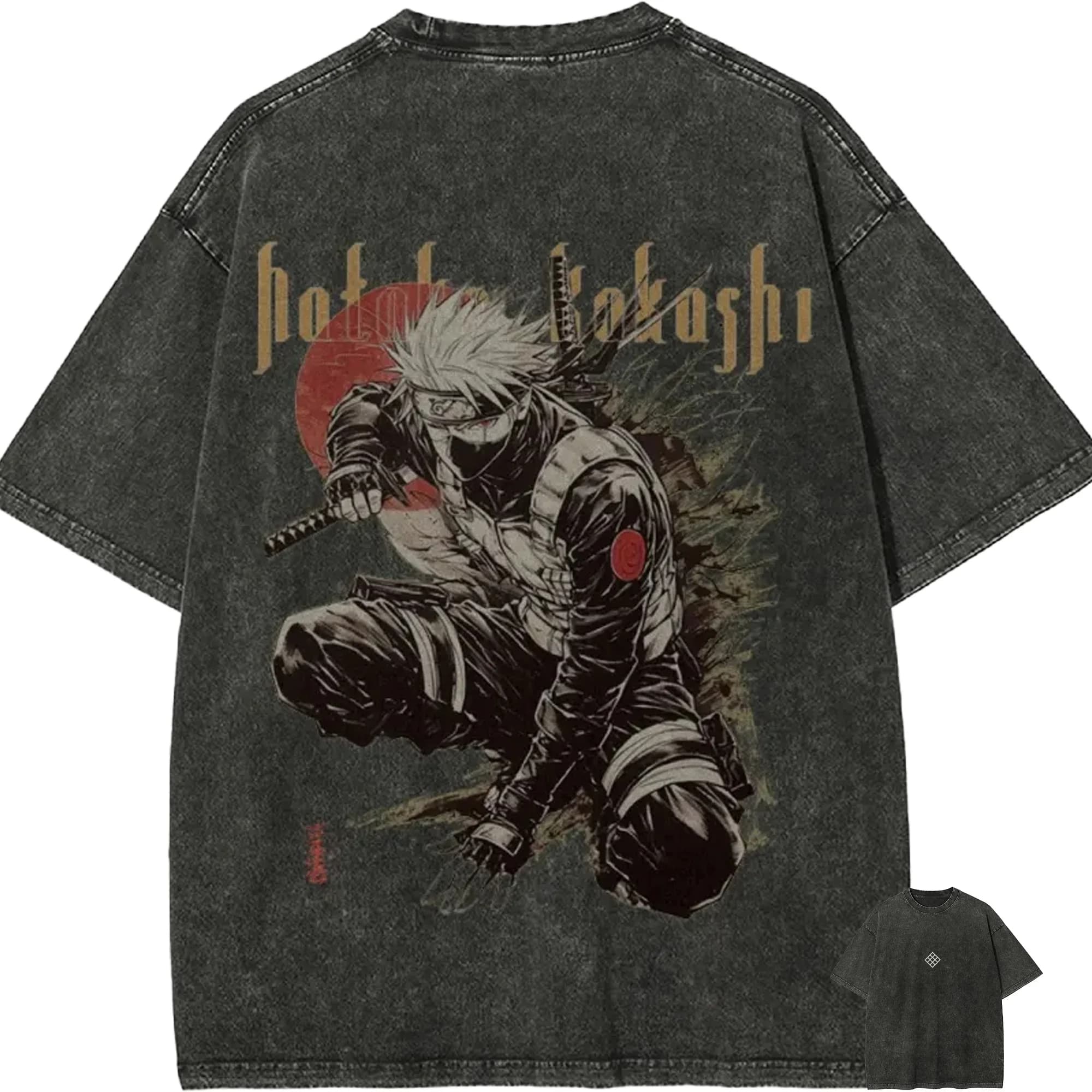 T-Shirt Naruto Kakashi Hatake Sharingan Vintage con Effetto Acid Wash, Streetwear Oversize Retrò con Grafica Anime in Cotone per Uomo