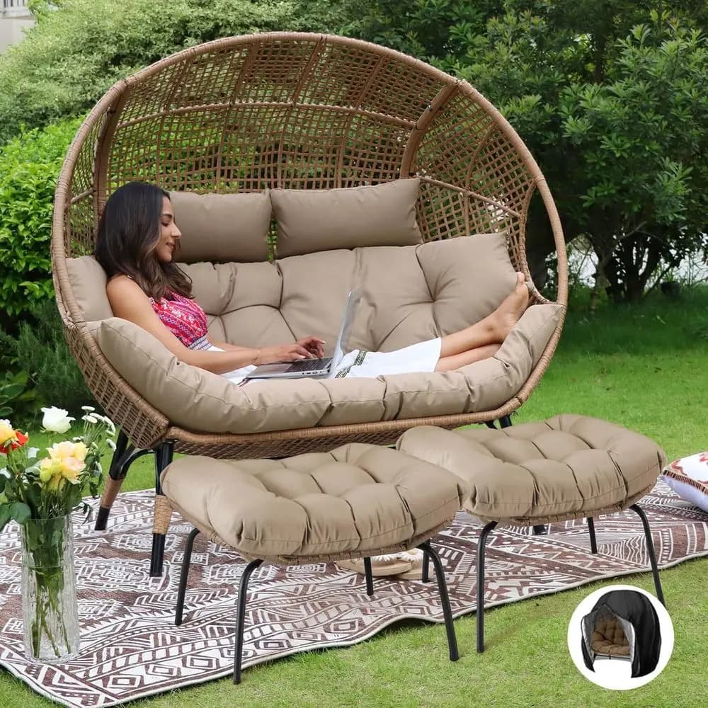Oversize Double Uovo Armchair with Poggiapiedi and Spessi Bearings, 2 Seat Sofa in Vimini for Patio, Garden or Veranda