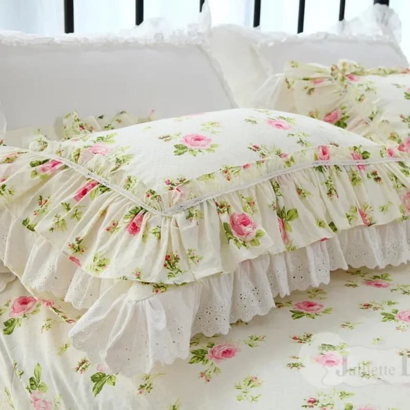 Federe in pizzo floreale da 1 pezzo con stampa rosa per biancheria da letto fodera per cuscino con Design a volant grande