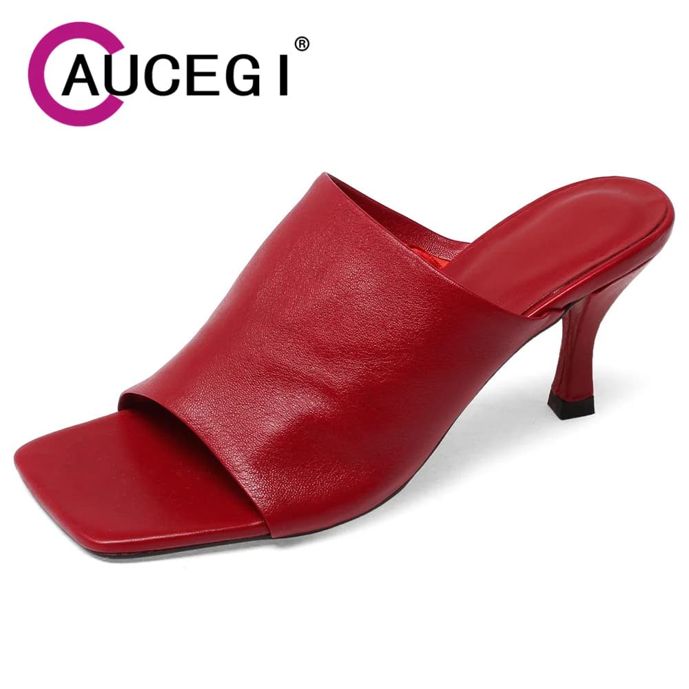 Aucegi Women Slippers 2026 Summer New Thin Heel High Sandals Fashion Peep Square Toe Soft Genuine Leather Dress Versatile Shoes