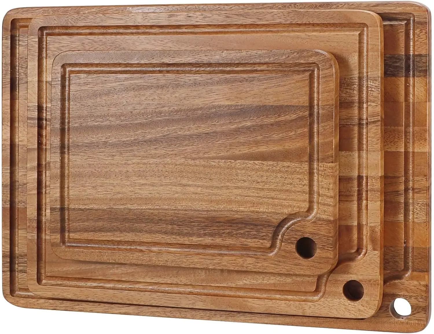 Set of 3 Taglieri in Acacia Caperci wood - Wood cutting boards for Kitchen with groove for Succhi and Hole for Handle, for Cold cuts