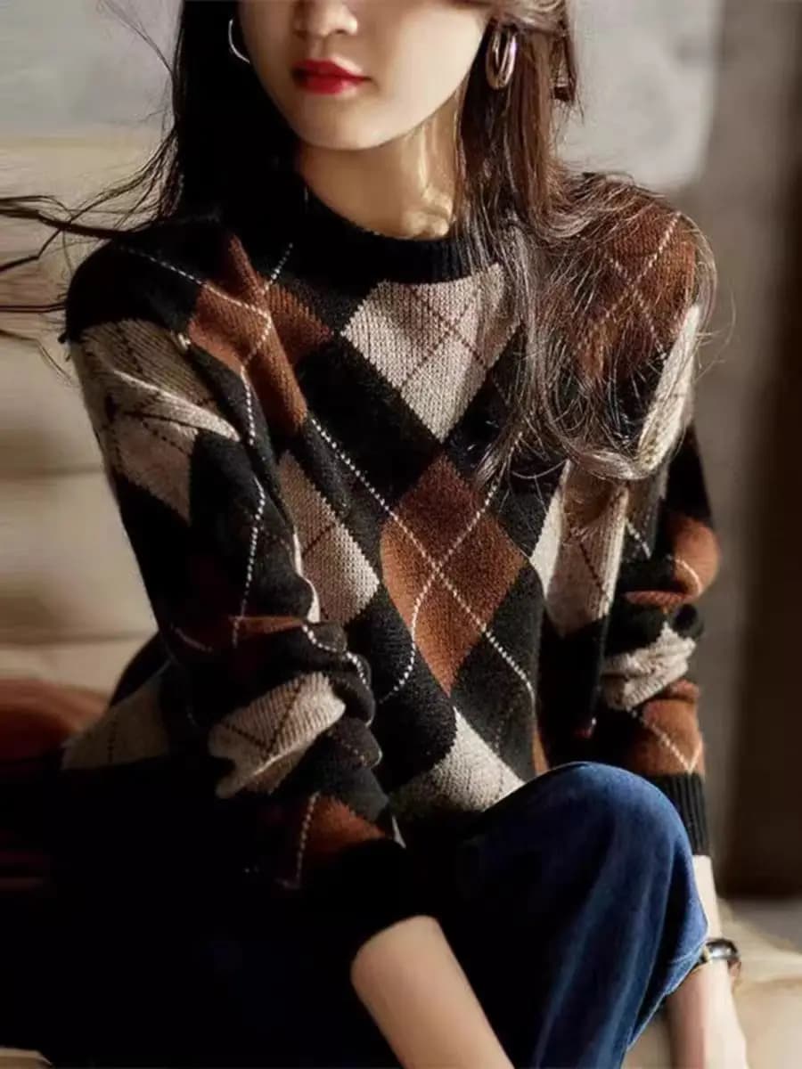 Autunno Inverno Girocollo Prismatico Reticolo Maglione vintage Donna Allentato Casual All-match Pullover Maglioni Donna Che tocca il fondo