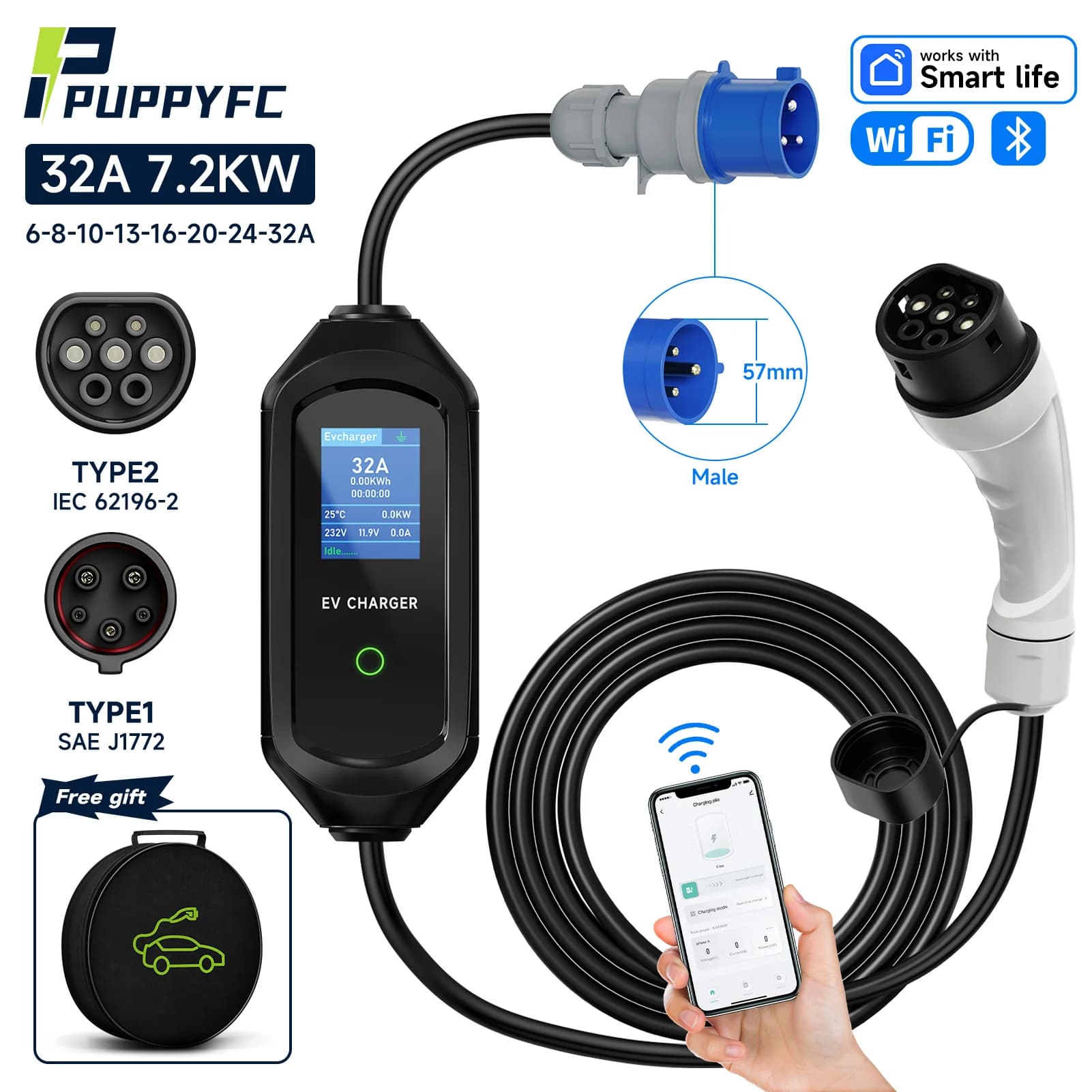 Puppyfc 7.2KW 32A Caricatore portatile EV Type2/Type1 Ricarica rapida Wallbox EVSE CEE Plug GBT Controllo WiFi Caricatore per auto elettrica monofase