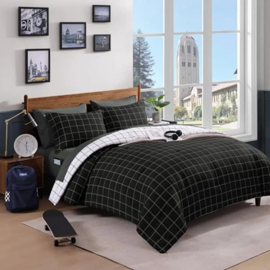 Set Copripiumino a Quadri, Set Biancheria da Letto Reversibile a Scacchi 7 Pezzi per Ragazzi e Ragazze, Letto Leggero in una Borsa per Dormitorio con Lenzuola