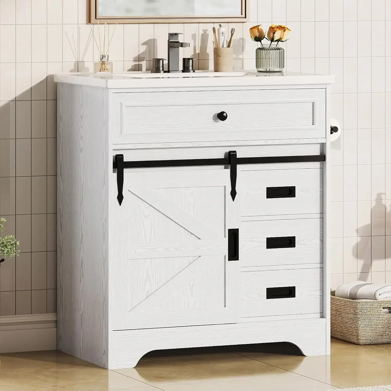 Mobile Bagno 30 Pollici con Lavabo, Stile Rustico, Cassetto a Ribalta, Anta Scorrevole, Maniglia in Metallo, Bianco, Personalizzabile