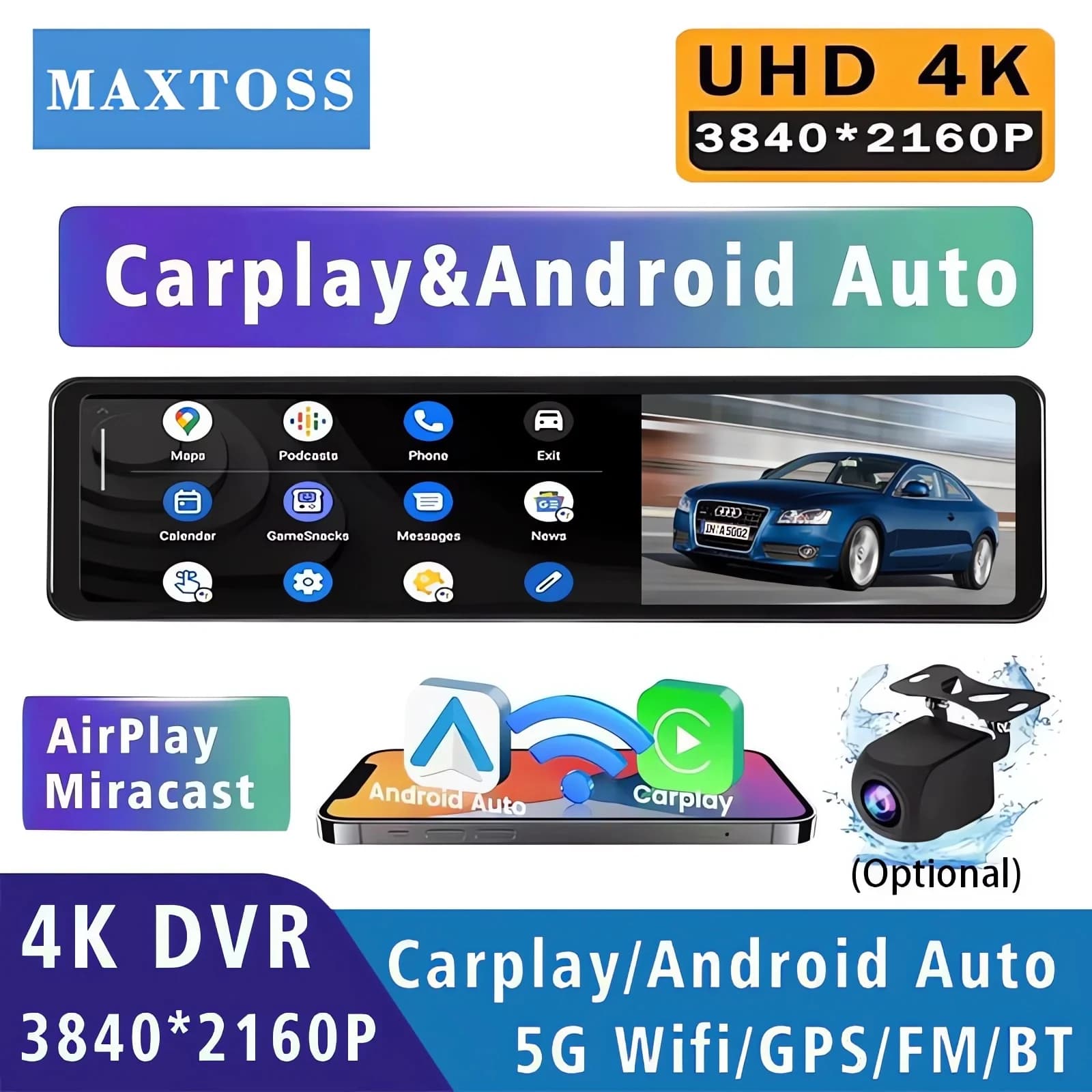 11.26 "4K 2160P Dash Cam Carplay Android Auto Car DVR Doppia Lente Wifi GPS BT FM Video Drive Registratore Stream Specchio Dashcam fotocamera