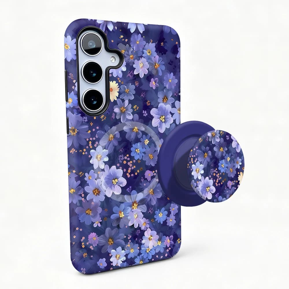 Custodia Magnetica 2 in 1 con Supporto per Telefono a Forma di Fiore Viola per Samsung S26 S25 S24 S23 S22 S21 Plus Ultra 20 FE A15 A16 A26 A36 56 17