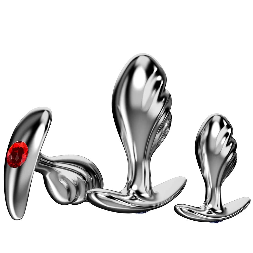Metal Butt Plug, Wavy Boat Anchor Anal Plug Trainer with Jeweled Flared Base, 3 Sizes, Smooth Silver Adult Anal Toy for Training