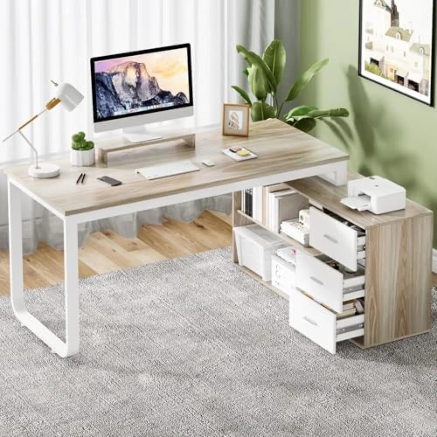55" L Shaped Office Desk with Drawers, White and Walnut | Home Office Desk with Monitor Stand for Work Writing Study