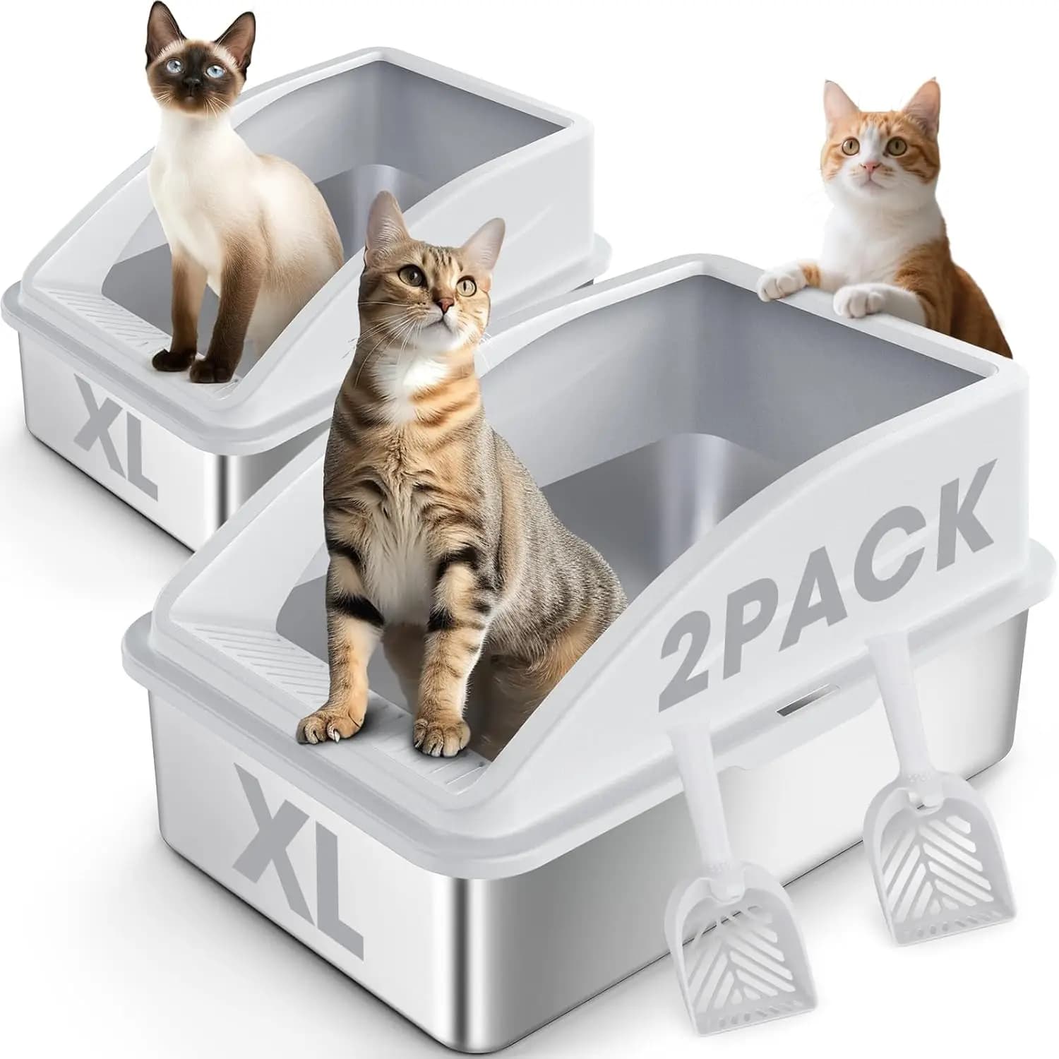 Set di 2 Lettiere per Gatti in Acciaio Inox con Coperchio, Design XL con Bordi Alti per Gatti Grandi, Anti-Perdita