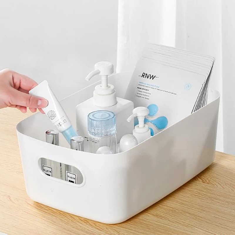 Contenitore di plastica con maniglie, scatola portaoggetti multiuso per cucina, bagno, armadio e organizzazione dell'ufficio, impilabile.