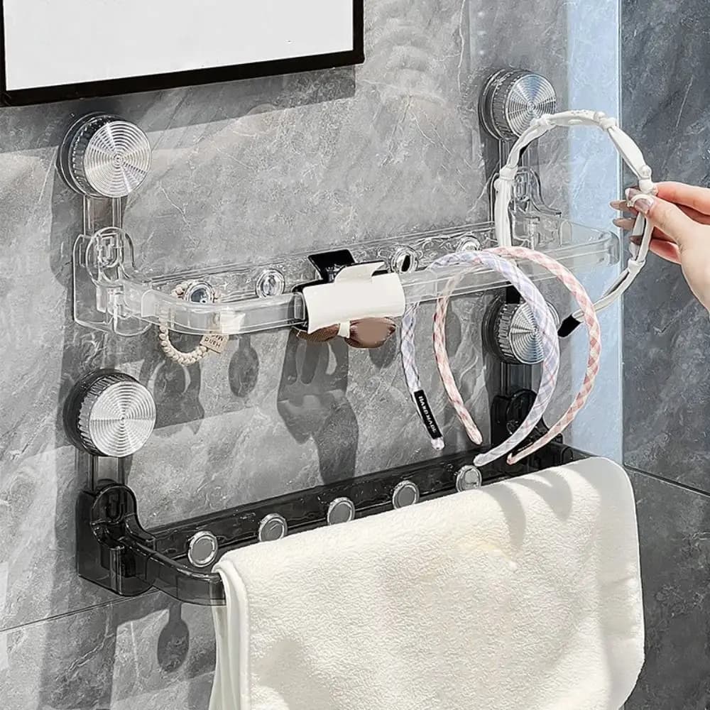 Portasciugamani da parete in plastica con ventosa, senza foratura, con ganci, pieghevole, per cucina