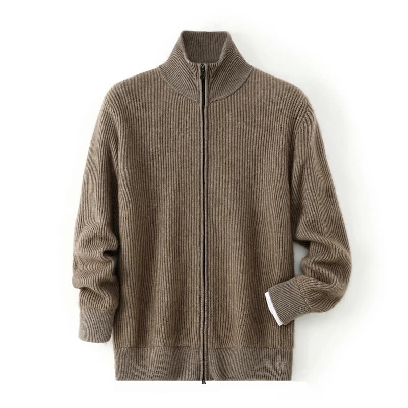 Men's Double Zipper 100%Pure Cashmere Cardigan High-Quality Thicken New Knit Coat High Lapel and Ingot Needle Loose Cashmere Top