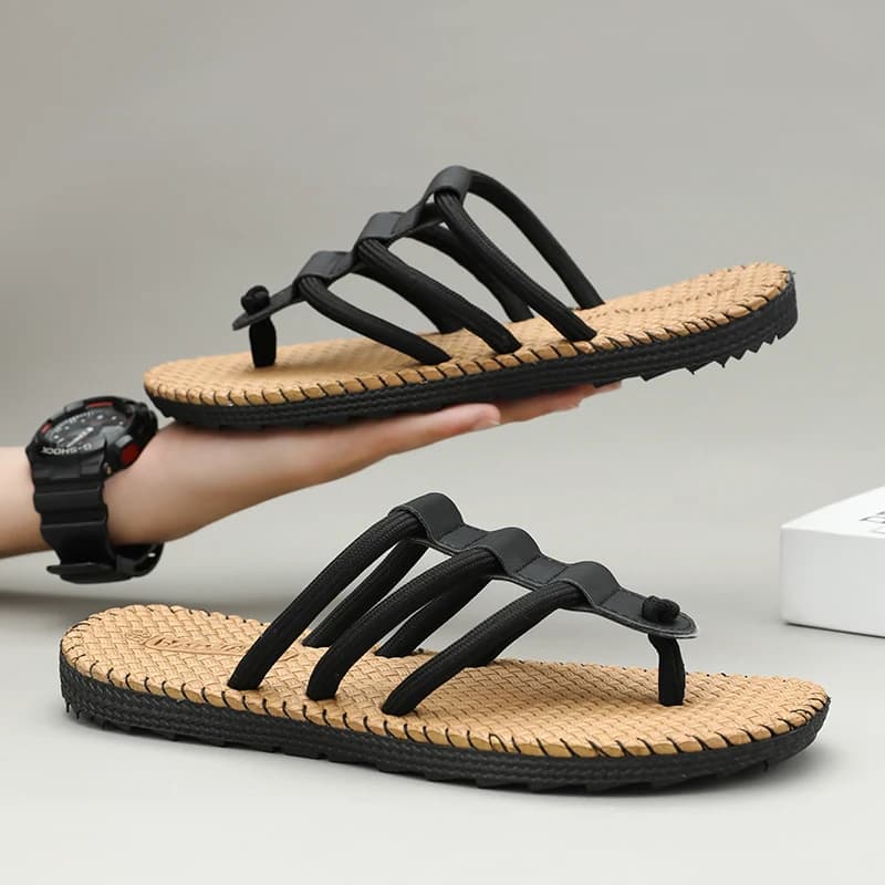Men Woven Slippers For Summer Outdoor Wear, Anti-slip Stylish Flip Flops, Lightweight Clip Toe Beach Sandals
