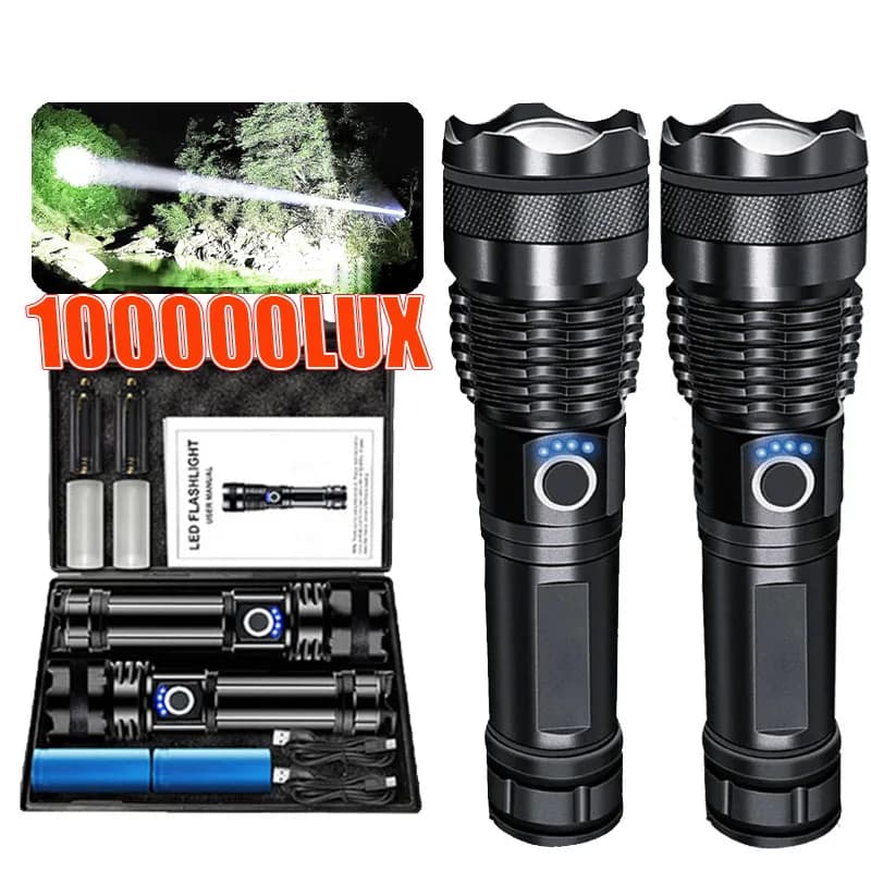 Torcia LED ad alta potenza Torcia ricaricabile USB super luminosa in lega di alluminio con batteria 26650 Torcia zoomabile per la caccia