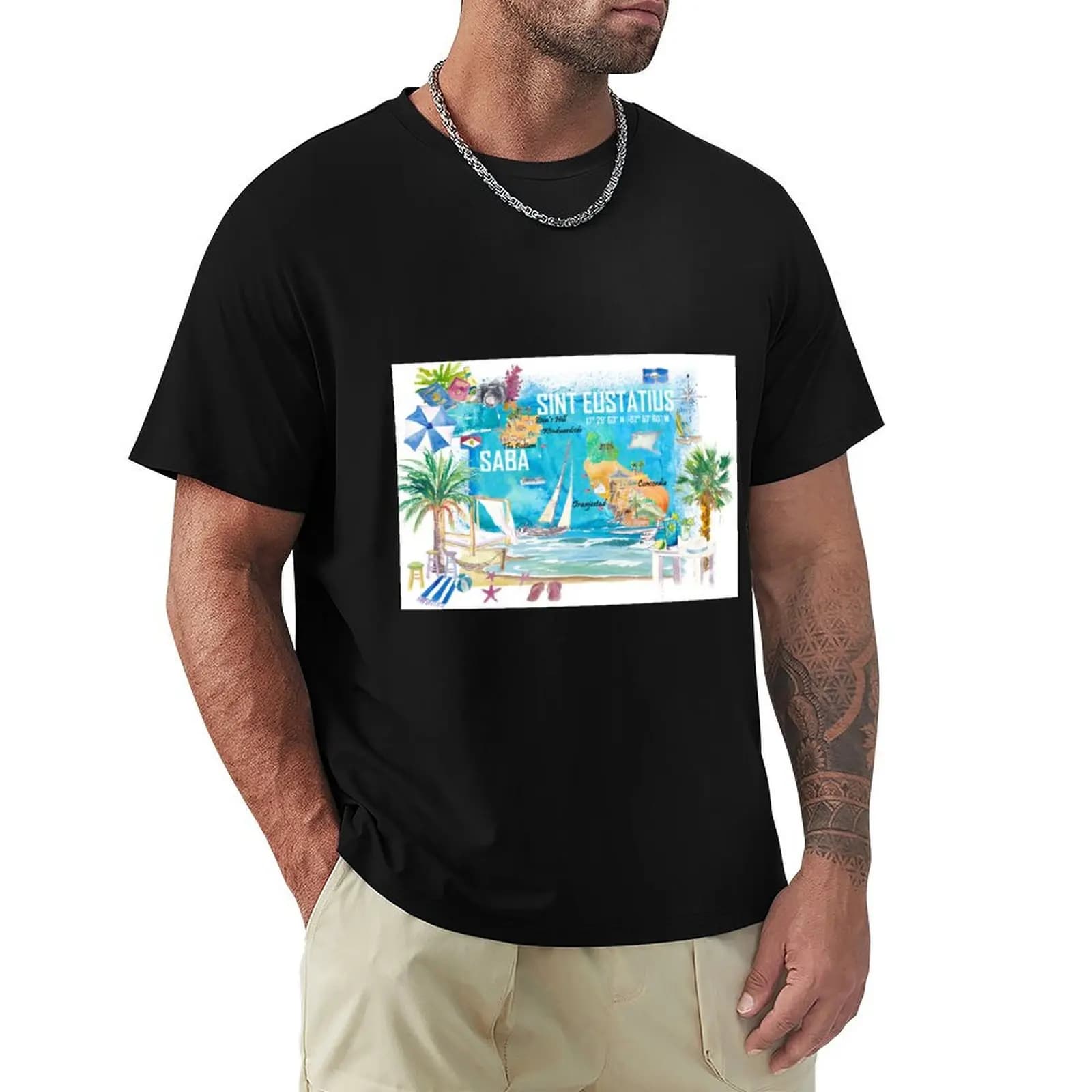 T-shirt con mappa illustrata delle isole olandesi dei Caraibi di Sint Eustatius e Saba con i principali punti di interesse turistici