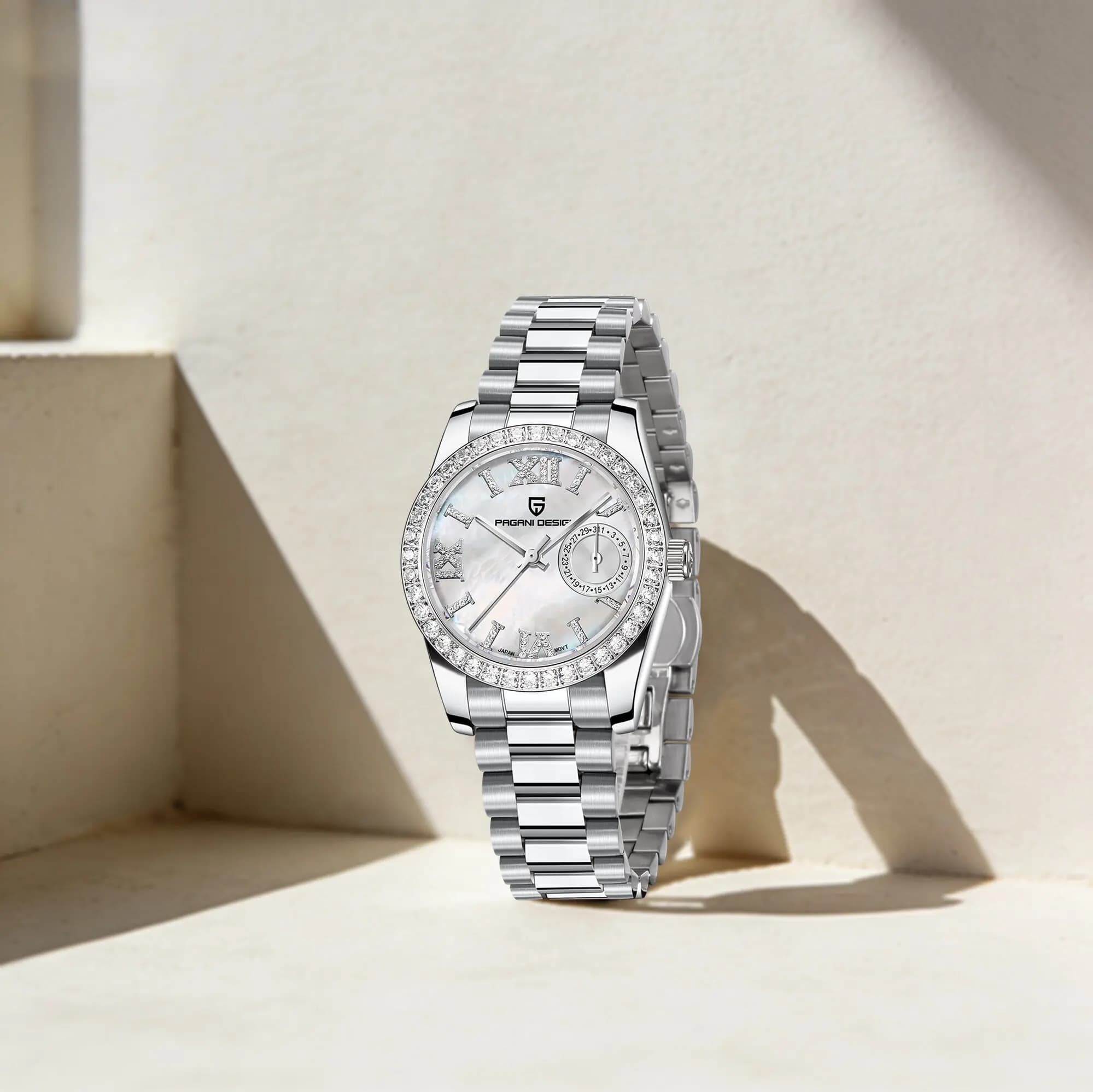 PAGANI DESIGN Women's Quartz Watch Minimalist Elegance, Stainless Steel, Bezel with Diamonds, Sapphire Glass, Waterproof 100m, Calendar, Reloj