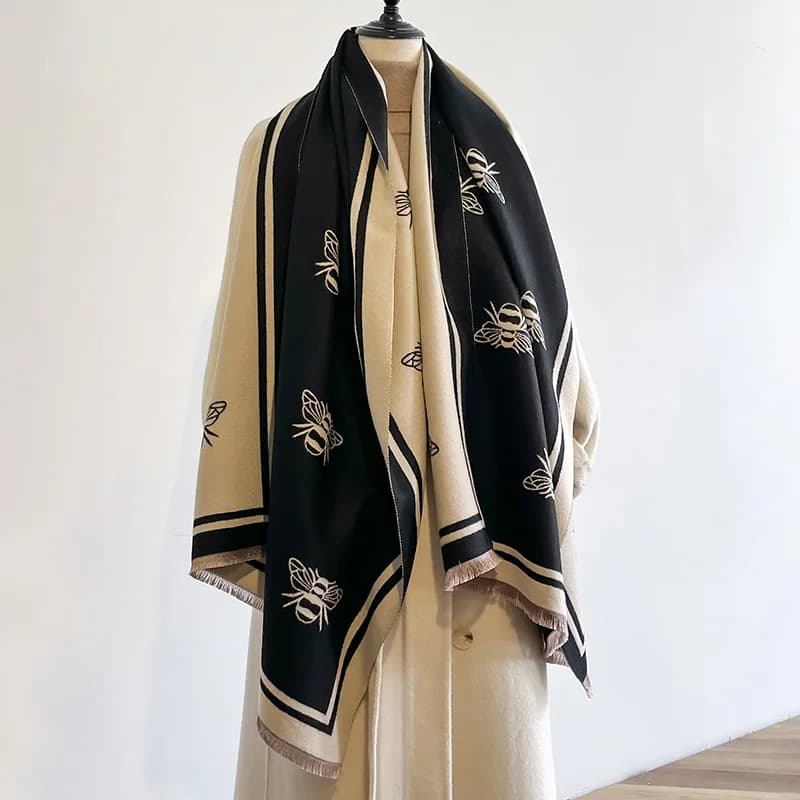 Sciarpa di cachemire con motivo a api su due lati invernale di lusso da donna fascia di Pashmina spessa calda coperta antivento a prova di freddo scialli con nappe