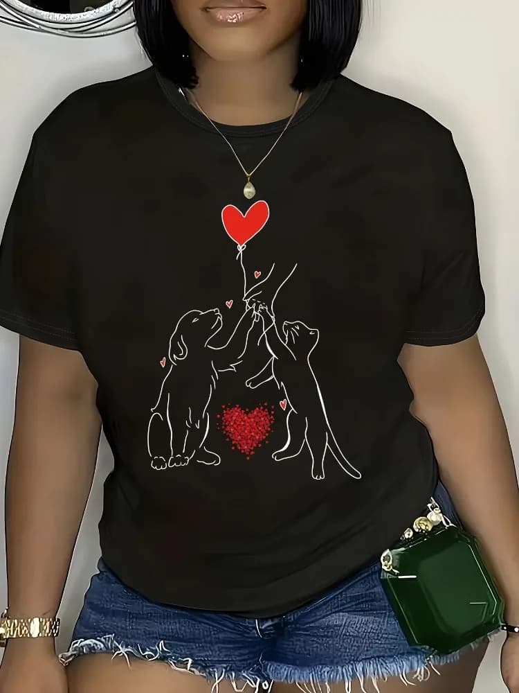 T-shirt da donna con stampa di palloncini a forma di cuore per cani e gatti, girocollo, top casual, comoda camicia con stampa divertente in stile tutto l'anno