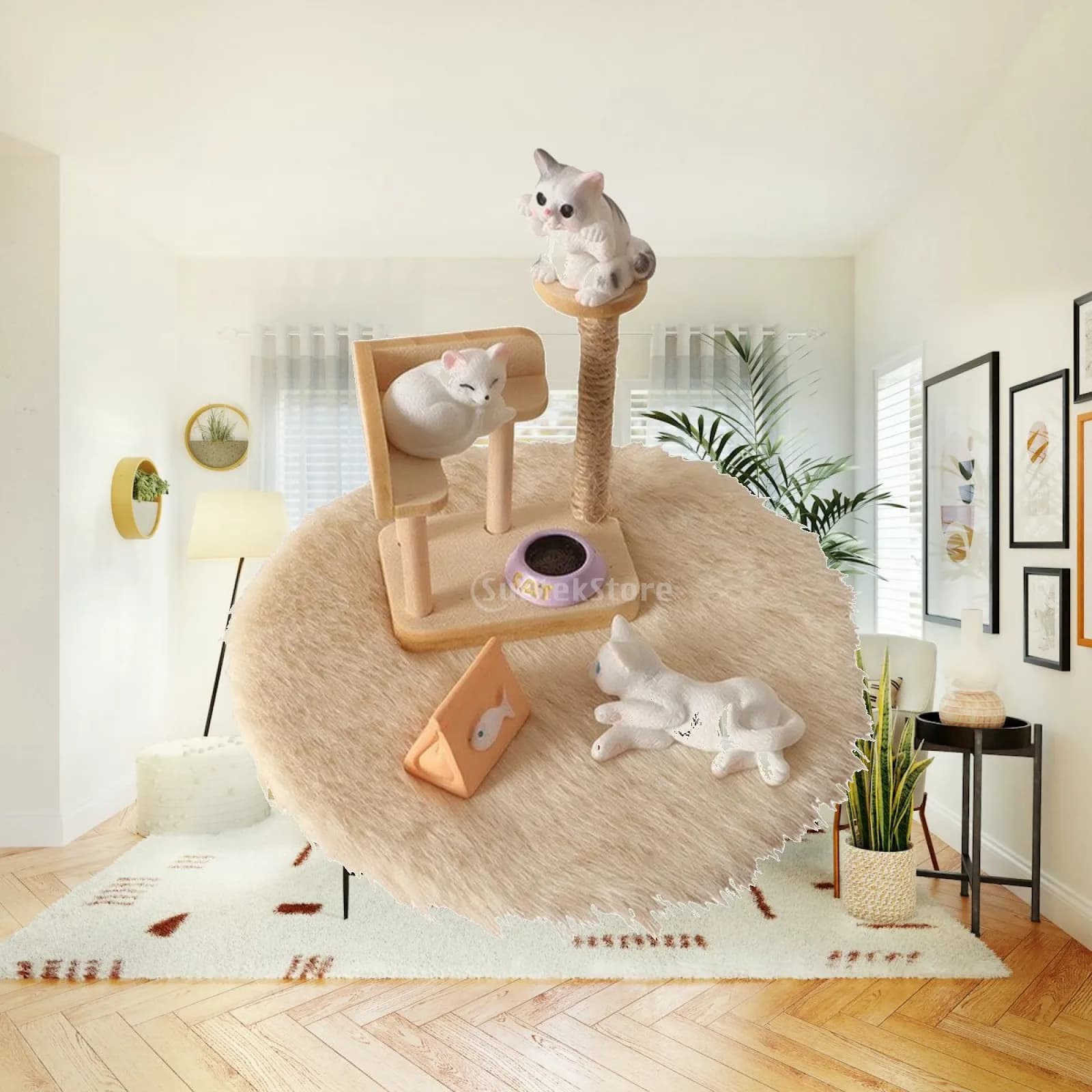 Miniature Cat Climbing Rack Wooden Resin Decor for Dollhouse Miniatures Kit with Plush Cat Figure