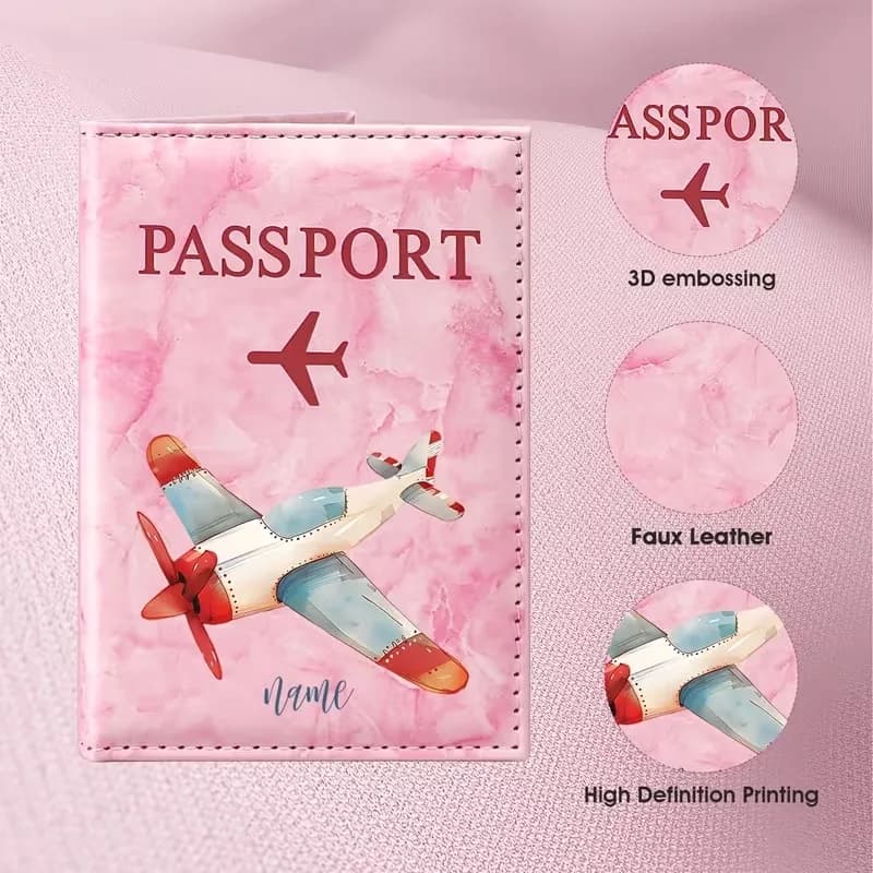 Personalized Custom Name Watercolor Airplane Illustration Design PU Passport Holder, Retro Flying Machine Pattern