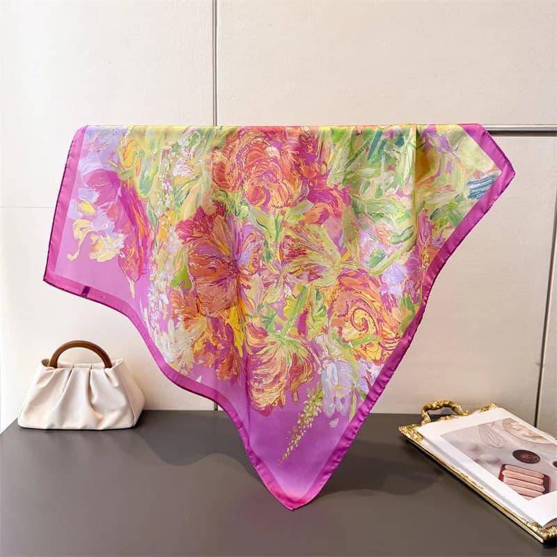 Foulard Quadrato in Seta 70x70cm da Donna, Lussuoso con Stampa Floreale, per Testa, Collo, Bandana, Nastro per Borsa, Morbido Raso, Fascia per Capelli