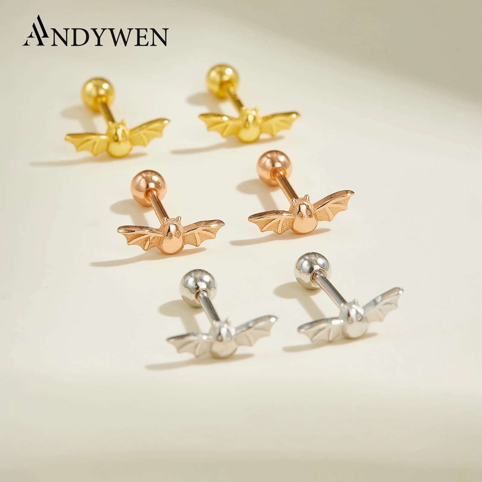 ANDYWEN Orecchini a bottone piccoli a forma di pipistrello in argento sterling 925 da donna 2025 Nuovo design alla moda Regalo di gioielli casual per feste quotidiane