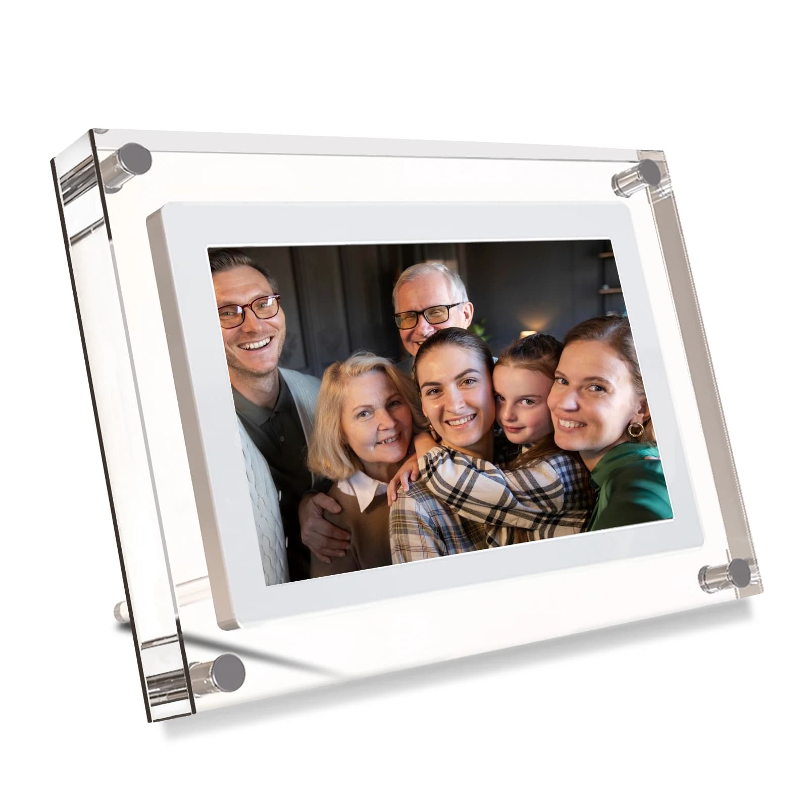 Cornice Digitale con Schermo IPS HD Trasparente da 7 Pollici, Riproduzione Video, Orologio, Supporto MP4/MP3 e Batteria