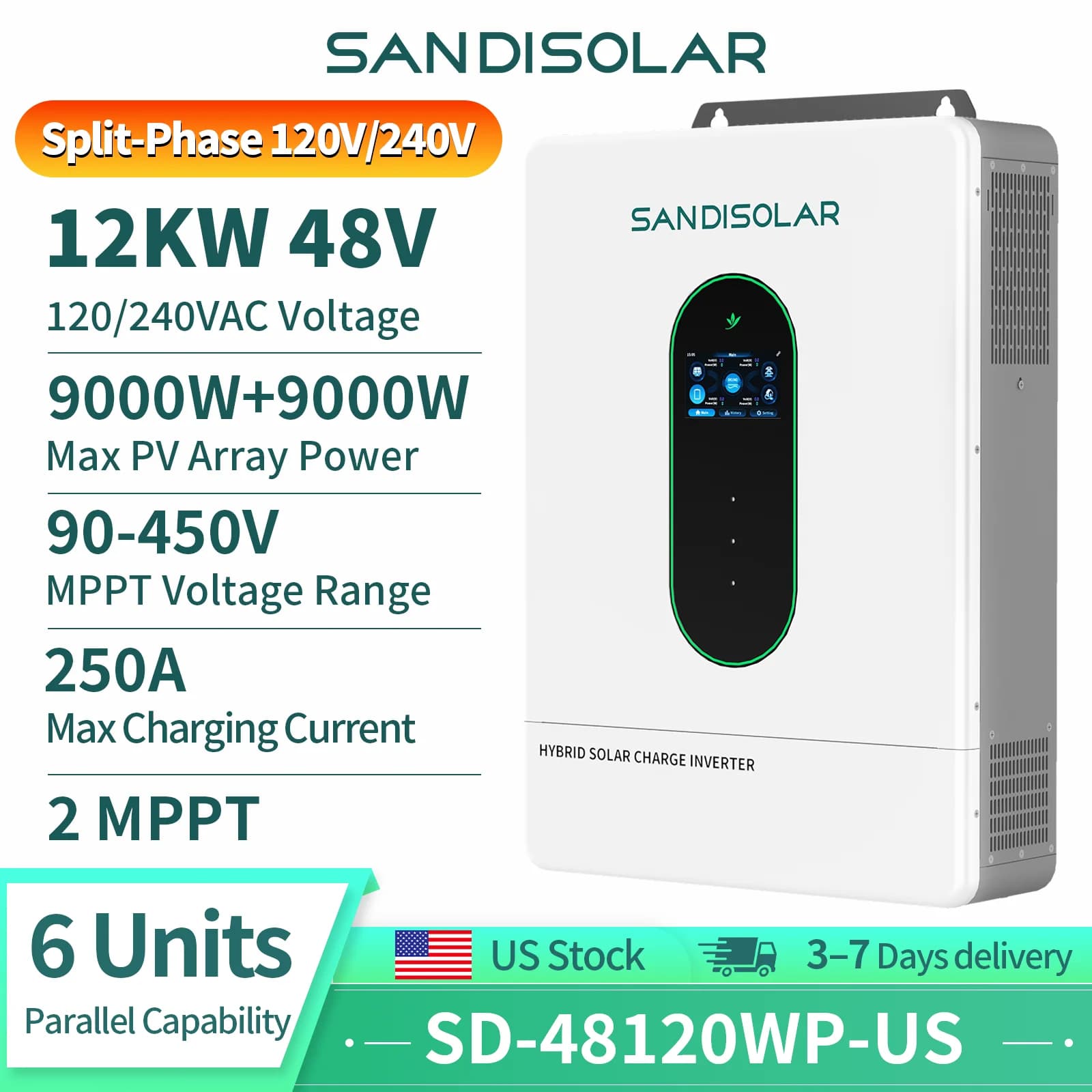 SANDISOLAR 12KW 48V Split-Phase Inverter 120V/240V Output Hybrid Off Grid Solar Inverter with 250A Charger 500VDC MPPT Parallel Function up to 6 Units