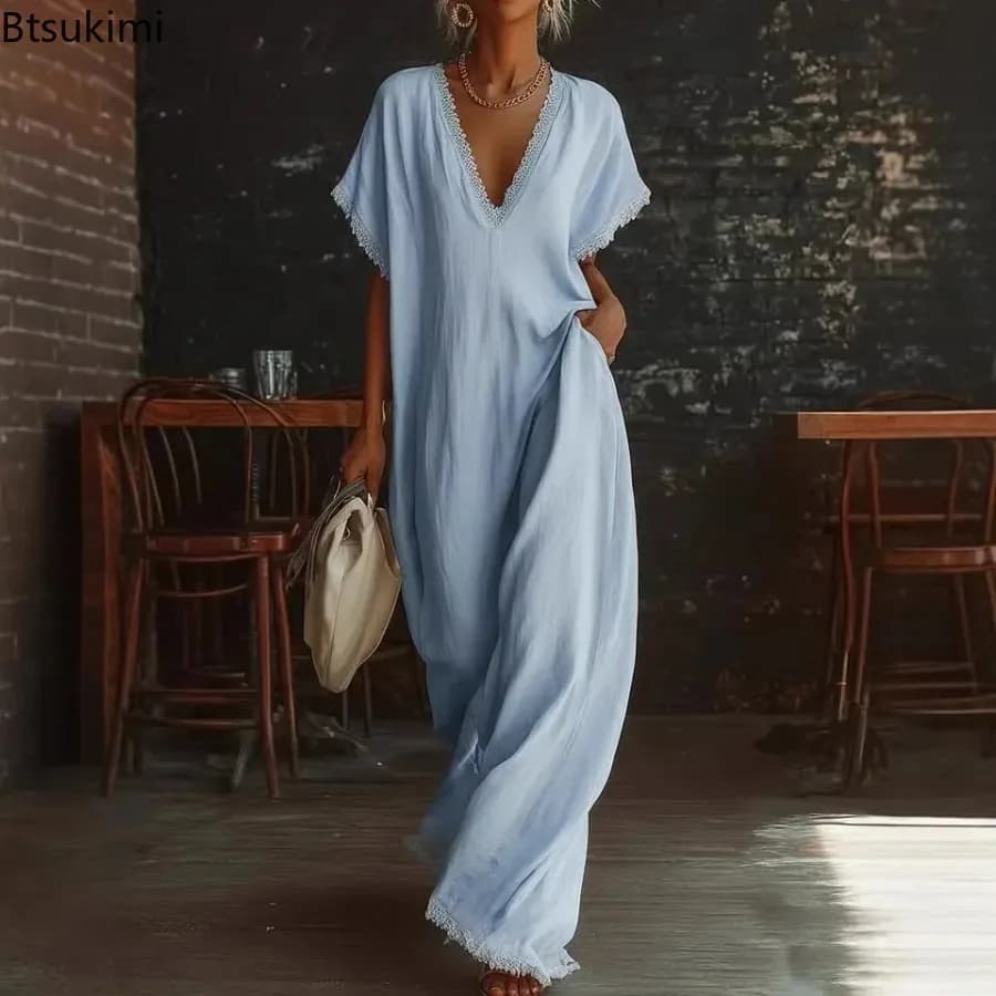 Abito Lungo Elegante in Pizzo da Donna 2026, Vestito Estivo a Maniche Corte Ampio per Vacanze e Spiaggia, Abito Casual alla Moda per Feste, Vestito Femminile
