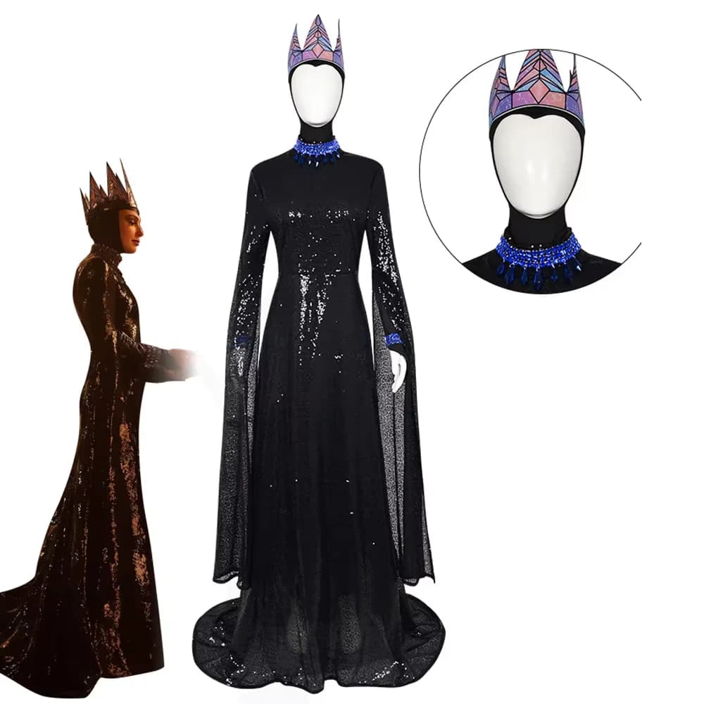 Costume da matrigna cosplay della regina cattiva bianco da donna abito lungo nero corona collana abiti abito di Halloween travestimento performance