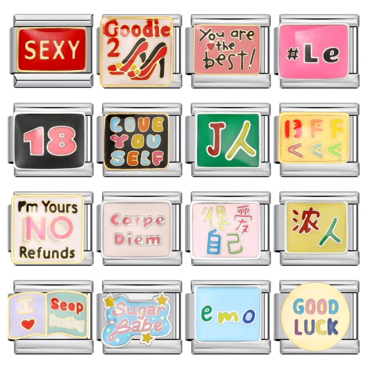 Personalized Chinese English Words Colour Jewelry Italian Charm Link Fit 9mm Stainless Steel Fashion Bracelets Making DIY Beads