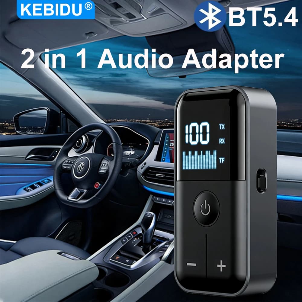 Adattatore audio Bluetooth 5.4 con trasmettitore ricevitore microfono Adattatore wireless per musica stereo 2 in 1 Kit altoparlante con display a LED AUX da 3,5 mm