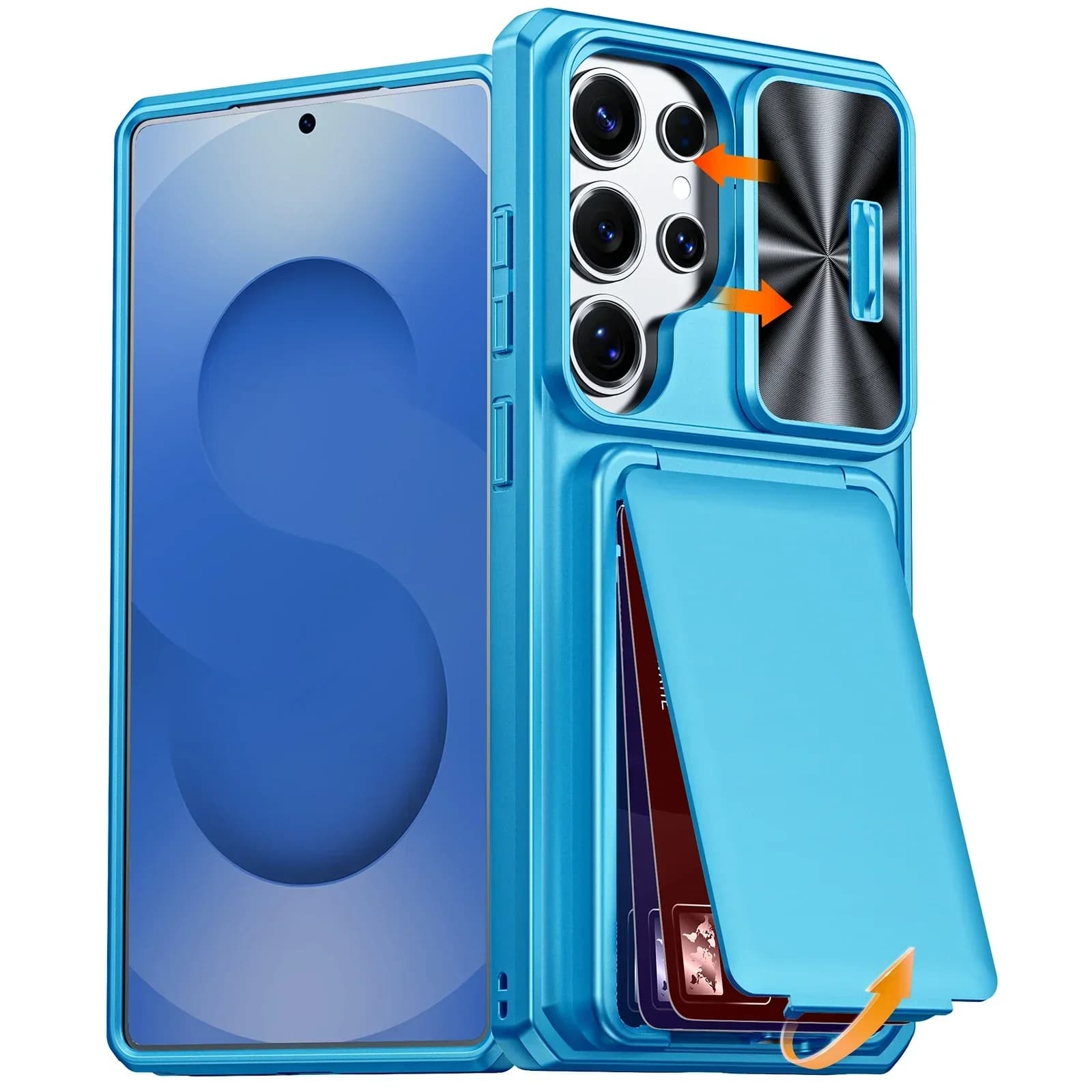 Custodia per Samsung Galaxy S25 Ultra con cavalletto, porta carte (con protezione RFID), copriobiettivo fotocamera, custodia robusta - Azzurro