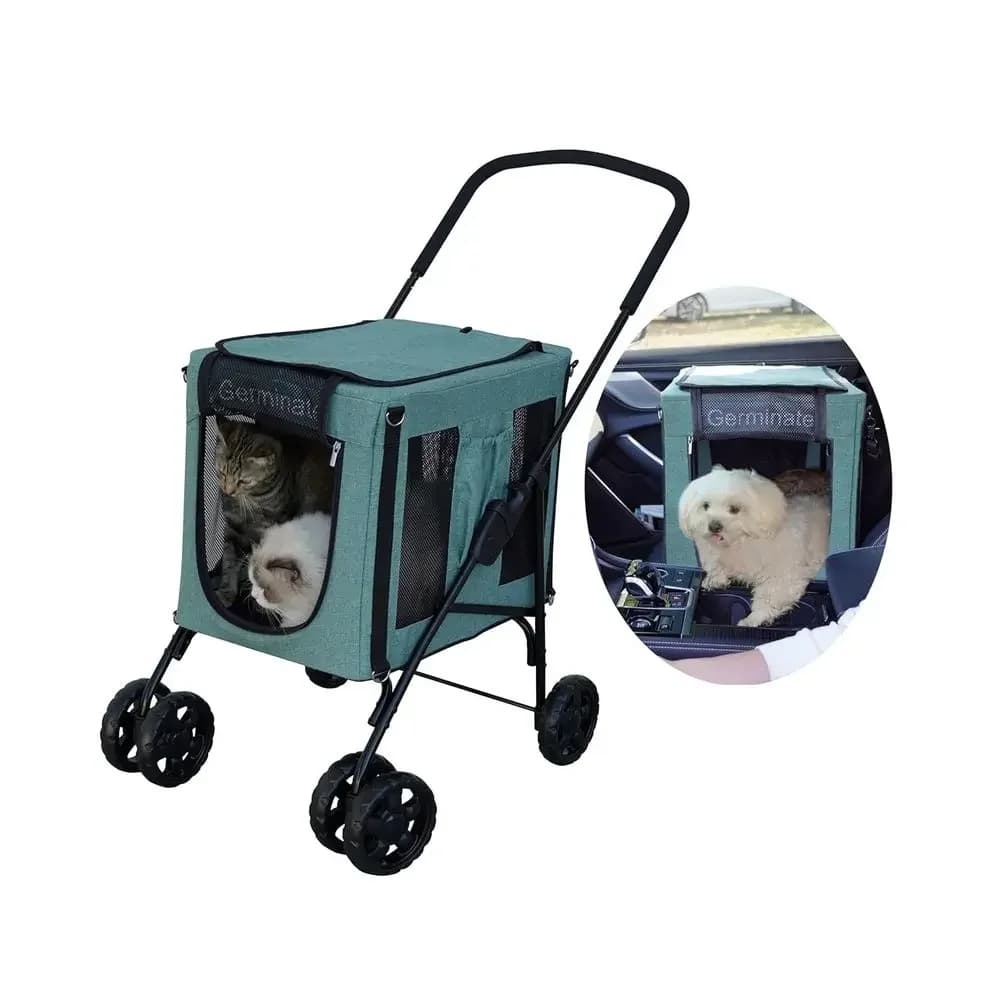 3-in-1 Pet Stroller for Small to Medium Dogs and Cats, Suitable for 10-30 lbs, Detachable Carrier and Car Seat, Green (S/M)