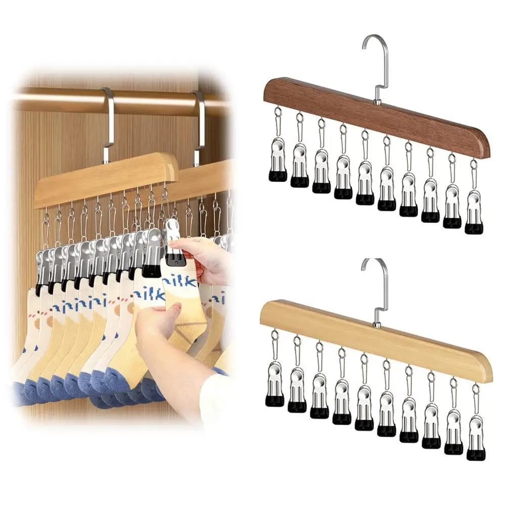 Wooden hanger with 10 clips, multifunctional storage organizer for jeans, skirts, socks and trousers with clip