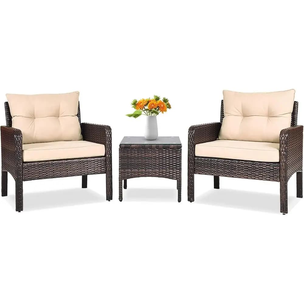 Set of Marrone Exterior Furniture for All Seasons: 3 Pieces with Cushions and 2 Chairs in Vimini, Coffee Table with Glass Top