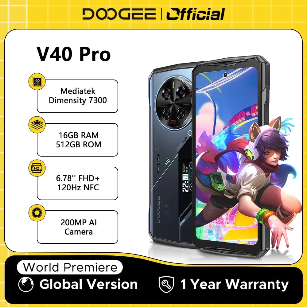 Versione globale DOOGEE V40 Pro 5G Telefono robusto Display da 6,78 "16 GB + 512 GB Dimensity 7300 Fotocamera AI da 200 MP 8680 mAh 33 W Caricatore rapido