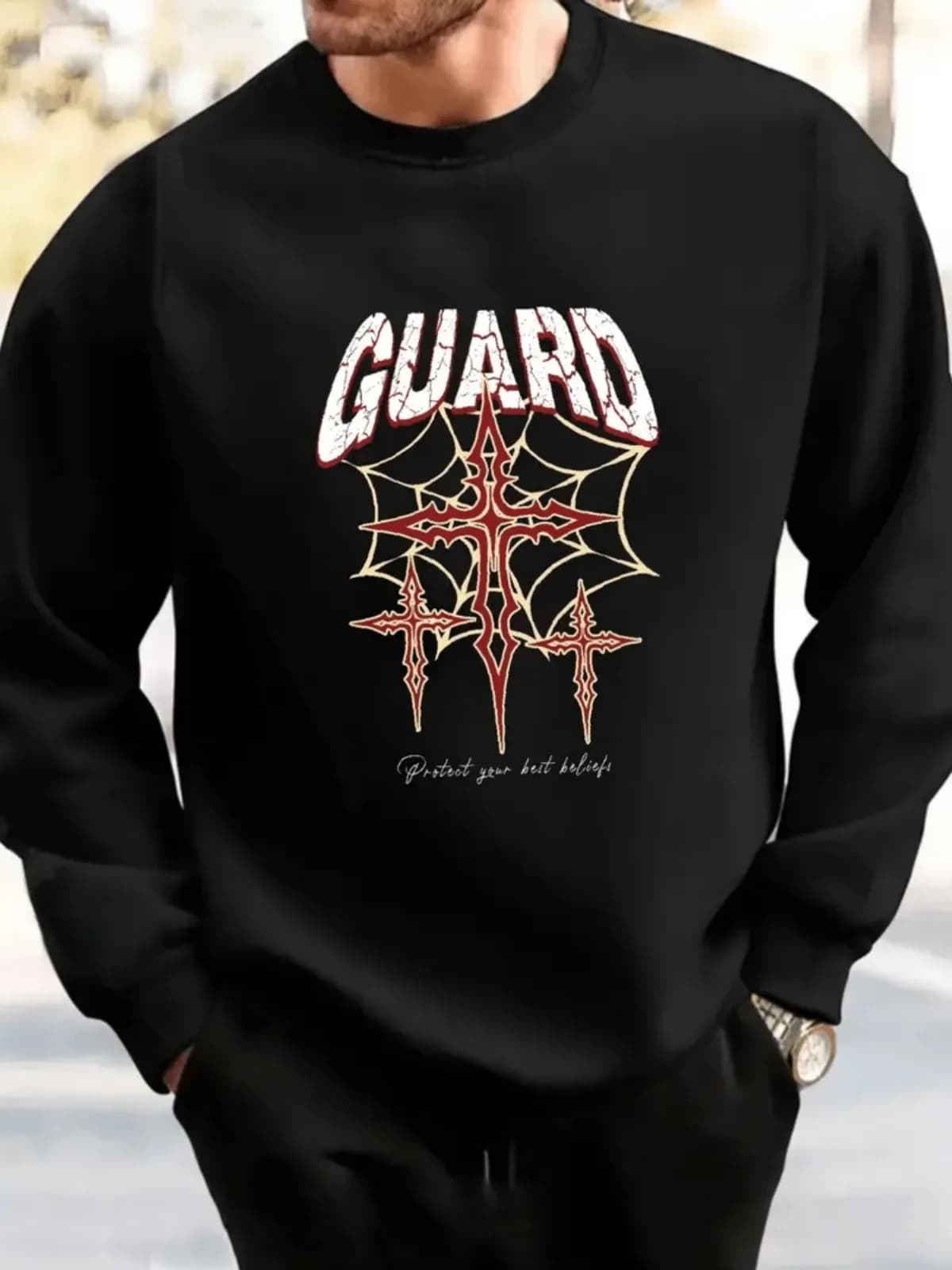Felpa pullover da uomo girocollo nera con GUARD e top casual a maniche lunghe con grafica incrociata per top sportivi stile quotidiano