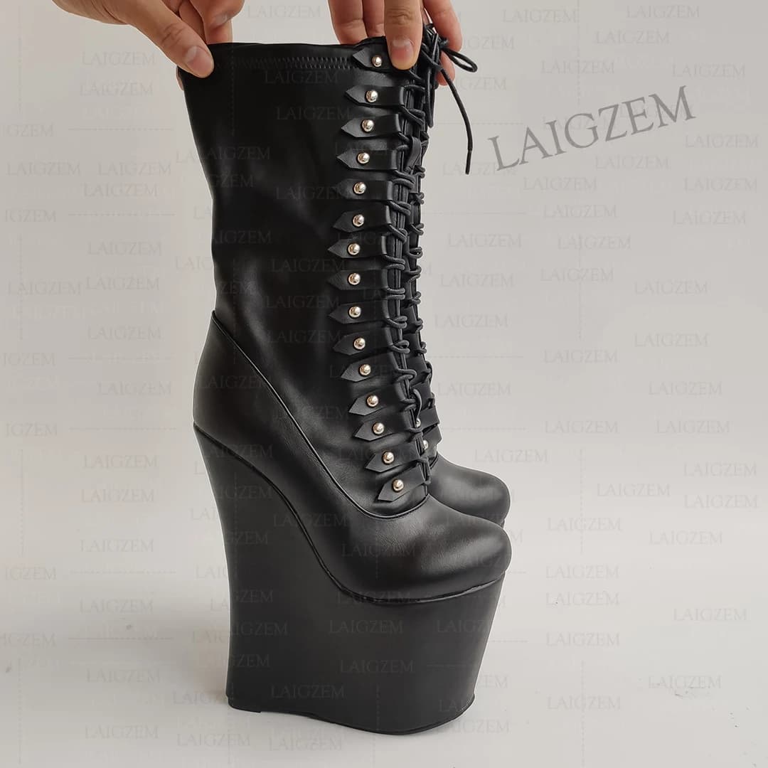 DOHBANER Stivali alti al polpaccio da donna Stivali con zip piena Zeppe con plateau Donna 20CM Tacchi alti Scarpe da donna Donna Big Size 39 43 46 47