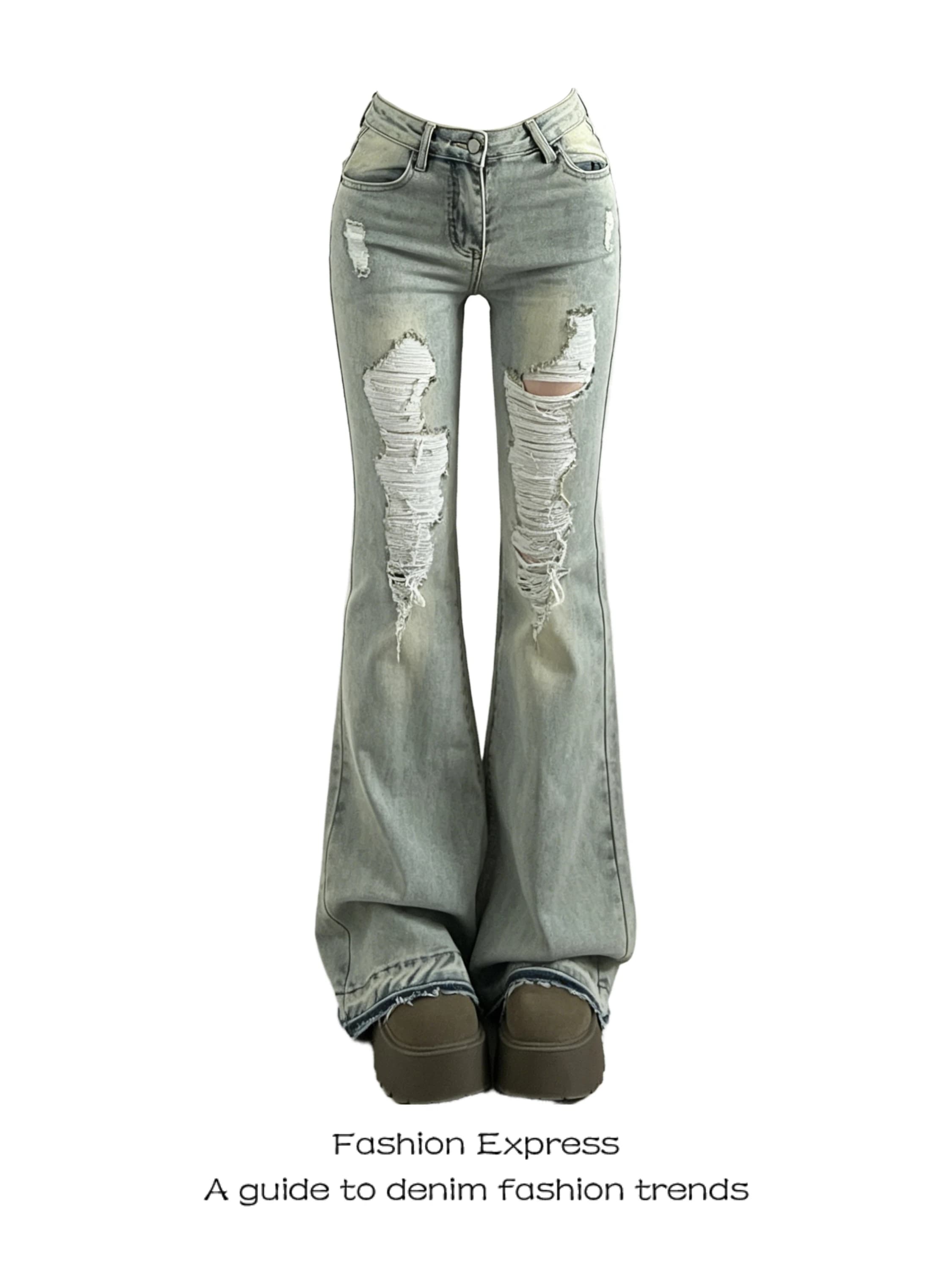 High Waist Bell Bottom Denim Jeans Women's Summer 2026 New Style Sexy Hole Wear Resistant Long Pants Casual Wide Leg Jeans