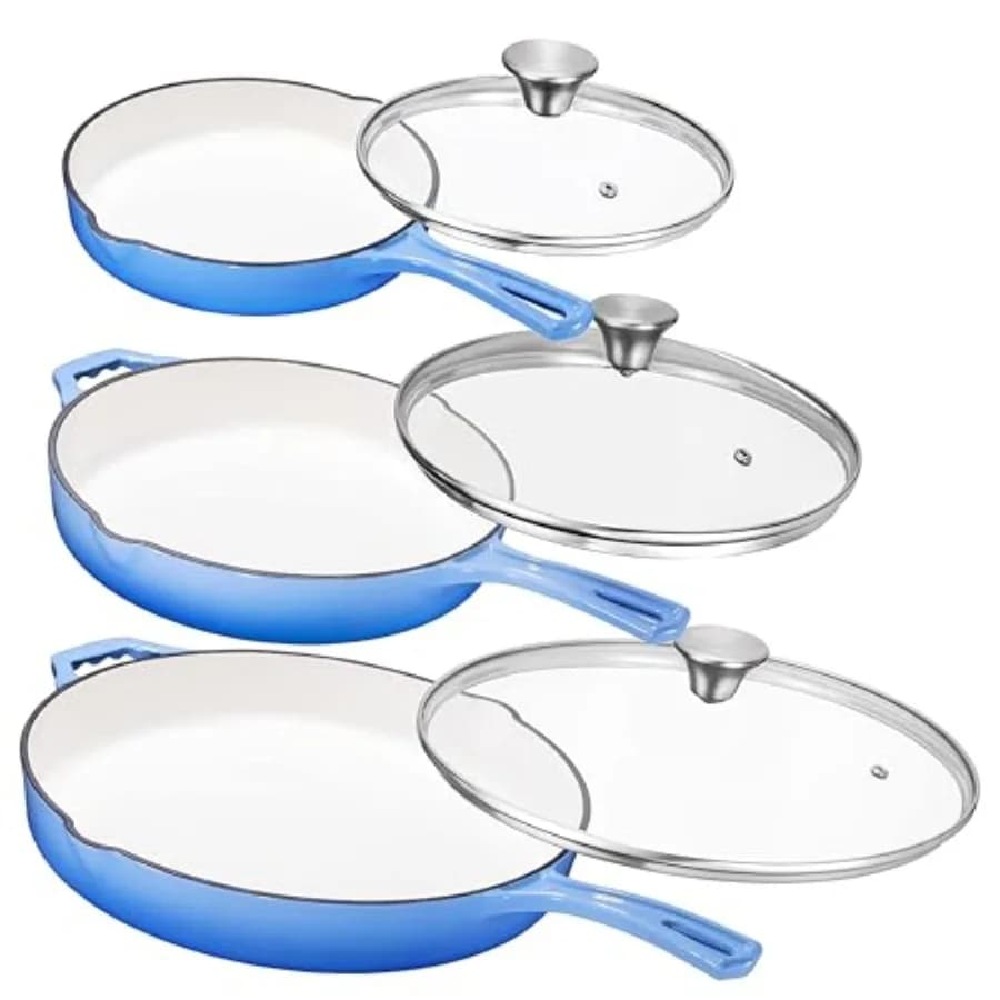 Set of 8 10 12 inch pre-axis cast iron pans Blue enamel non-stick pans with tempered glass cover for eggs and safe grill