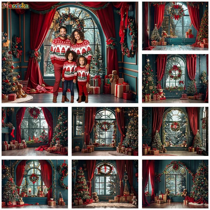 Christmas Room Window Photography Background Christmas Tree Gift Decor red curtains green wall background Family Winter Photo Studio