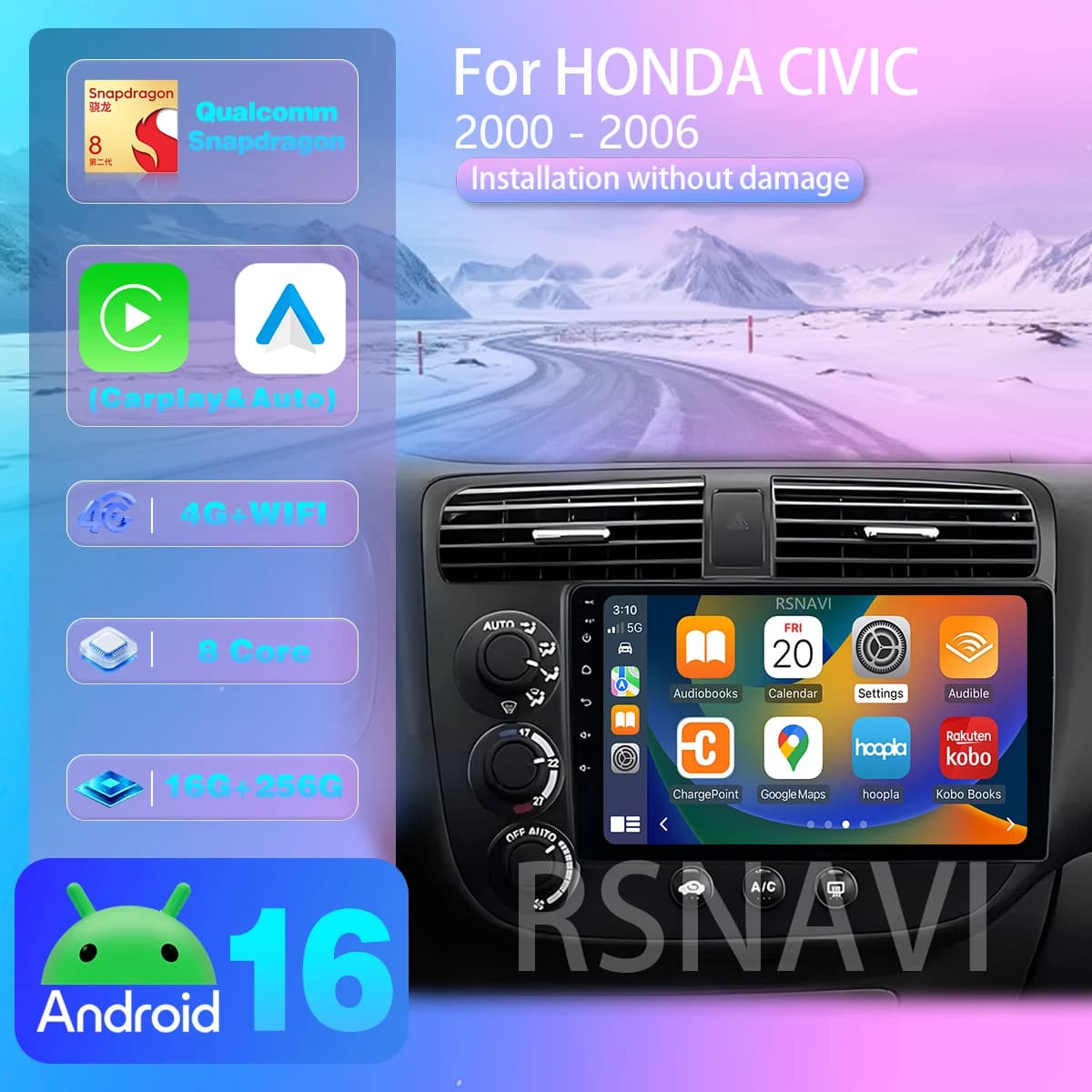 Autoradio Android 16 con Carplay per Honda Civic 7 2000-2006, Lettore Multimediale con Navigazione GPS, Stereo 2din Qualcomm