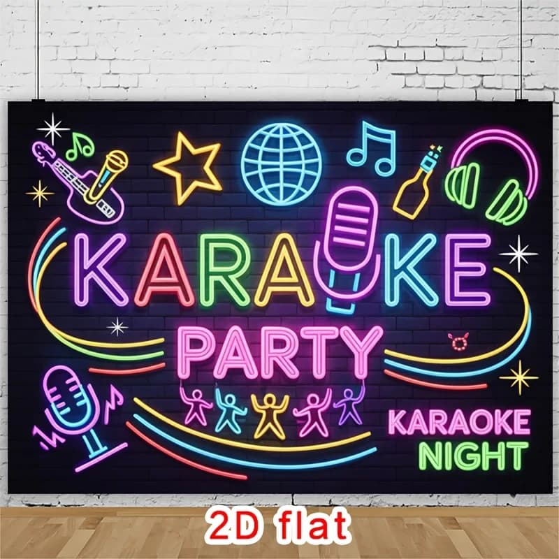Banner piatto 2D, 1 pezzo per tema feste karaoke, insegna al neon, microfono, note musicali, danza