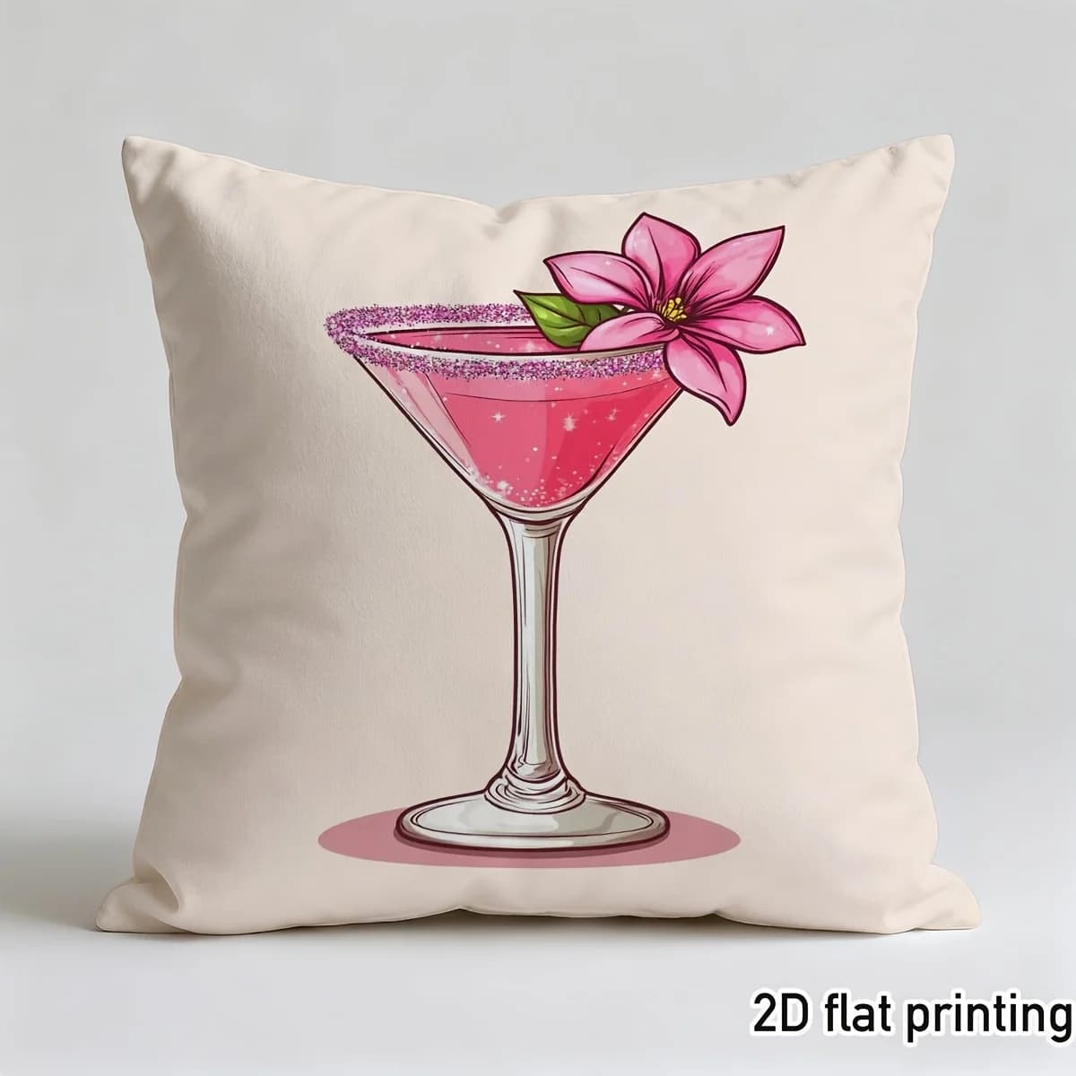 Pink Cocktail Martini Print Pillow Case, Double Sided Floral Vintage Hidden Zipper Polyester Cushion Cover for Living Room Sofa