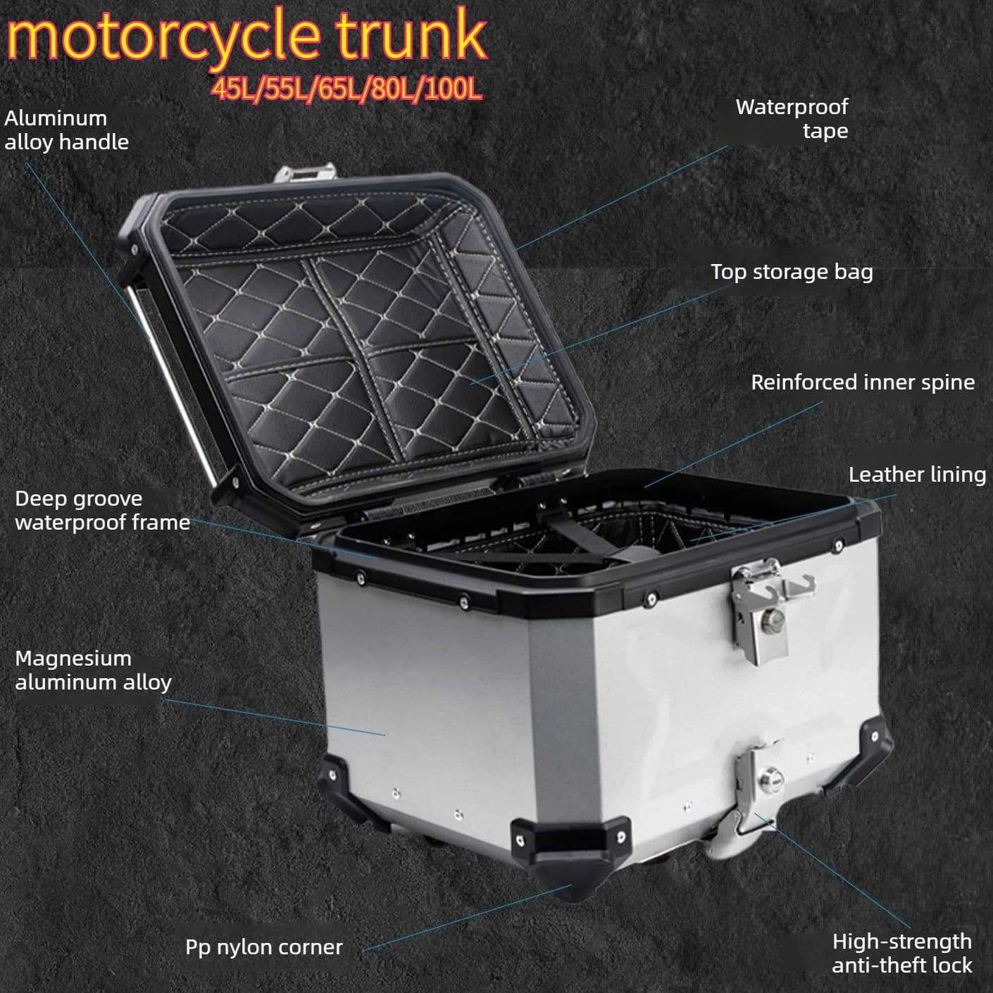 Motorcycle Handbag in Aluminium Alloy 45L-80L at Quick Hook, Waterproof, for Back Bags and Helmets, for E-Bike and Moto
